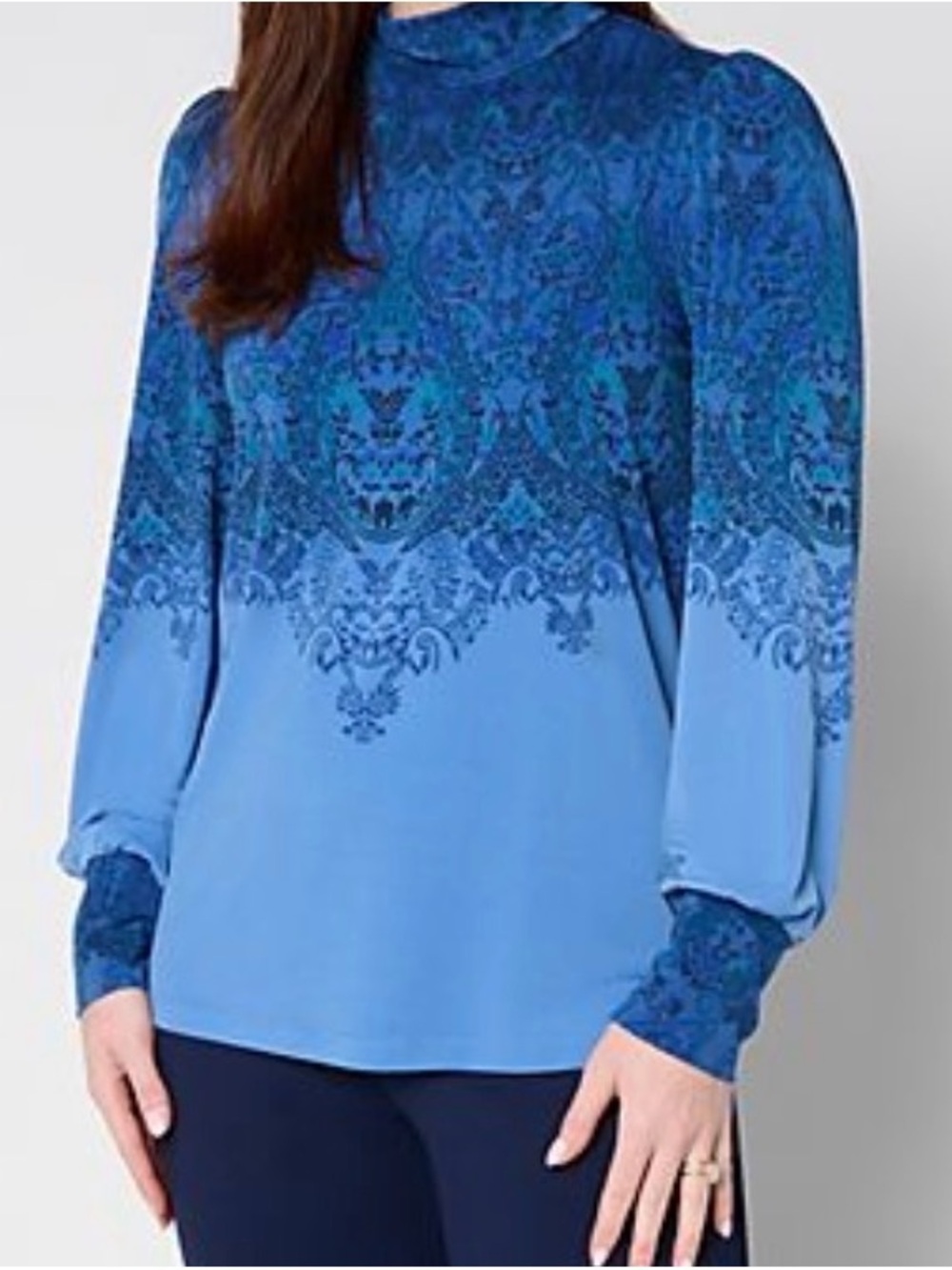 Susan Graver Blue Ombre Paisley Long Sleeve Blouse